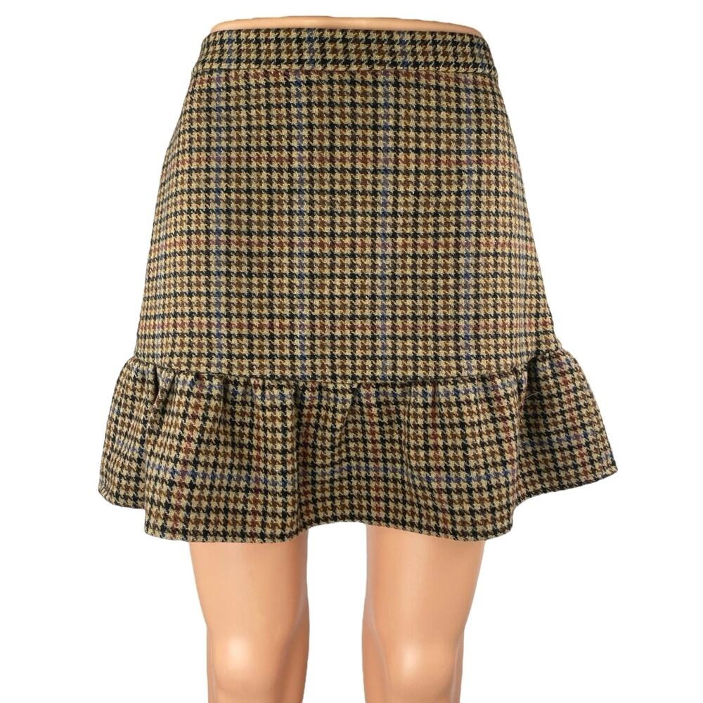 J.Crew Multicolor Brown Wool Houndstooth Ruffle Flounce Hem Mini A-Line Skirt 0